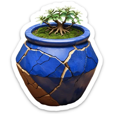 Aged two toned lapis blue terracotta Roots Stoneware akadama moss on soil irregular angular Stone Age rocks cracked crags and broken rough edges forming a very shallow Yixing forest pot sticker