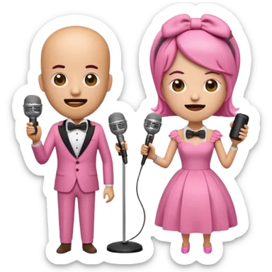 two whimsical characters together as an emoji, one with a wooden cylindrical head and bow tie, the other with a coffee cup head and pink dress, both singing into microphones, matching exact facial expressions and features from reference image, full body, transparent background sticker