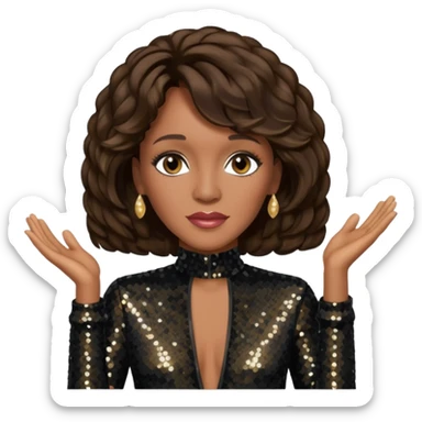 Whitney Houston with dark brown hair, black sequin jumpsuit sticker