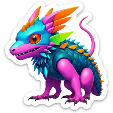 Tropical lush warm-colored modern colorful neon-colored cyber-Fakémon-Digimon-Trico-Vernid-creature sticker