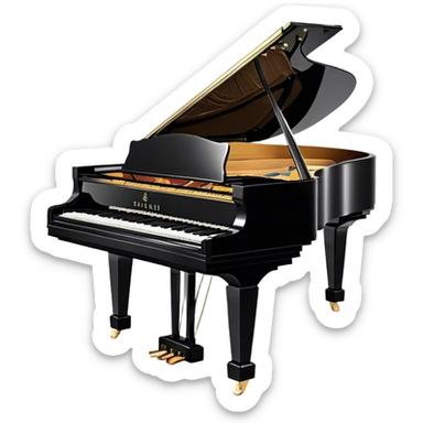 Create an elegant and detailed emoji representing the Seiler 278 Konzert grand piano. The design should feature the grand piano's polished black body with shiny, reflective surfaces, capturing its high-quality craftsmanship. The black and white keys should be clearly visible, with the curved shape of the grand piano’s body and lid, which can be slightly open. Add visible details like the pedal system, the intricate wood finish on the frame, and the elegant legs of the piano. The musical notes should float around the piano, evoking the sound of a professional concert instrument. Use deep black, white, and gold tones to highlight its luxurious appearance. The background should be transparent. sticker