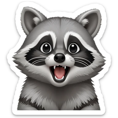 Cinematic-cute realistic- Yawning Raccoon-Portrait-Emoji – Poised and confident, wide-open yawn, revealing a soft grey with a sturdy build and a beautifully textured fur of silver-grey accented by dark black facial markings, deep-set, big black eyes, simplified yet sharp and sophisticated zoom out to show shoulders sticker