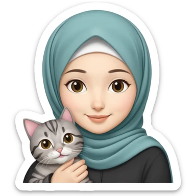 Asian White girl wearing pretty hijab holding a black grey tabby cat while smiling sticker