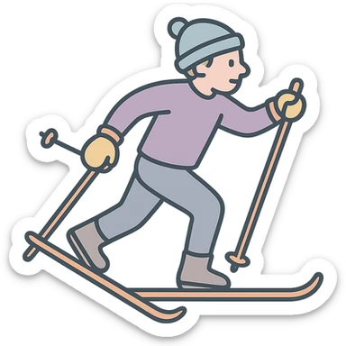 a skier in motion, skating technique on cross-country skis, detailed shading, thin clean outlines, soft rounded features, pastel palette #98B5BC #B5B3C1 #C9A3C9 #E4C0CA #F7DCD1 #F7C0AA, Japanese pop art, sticker look, highly detailed, vector clarity, soft lighting, subtle shadows, transparent background sticker
