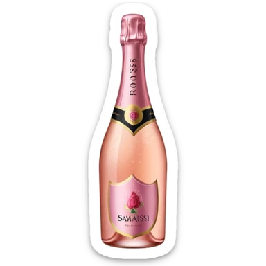 bottle of sparkling rosé champagne with a rose logo on the label, tilted up and to the right, no glass sticker