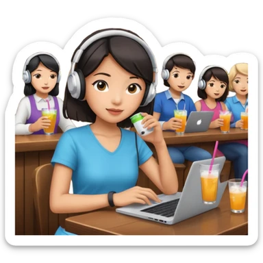 An Asian girl at the crowded bar with a laptop and headphones on holding a drink  sticker