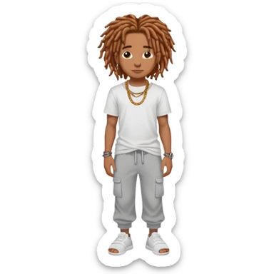 Brown skin boy with dreadlocs with tattoos and stud earrings and ginger/brown hair wearing white tee and grey sweatpants , a chain, and slides  sticker