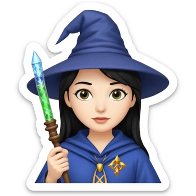 Female wizard with black hair holding a DNA wand sticker