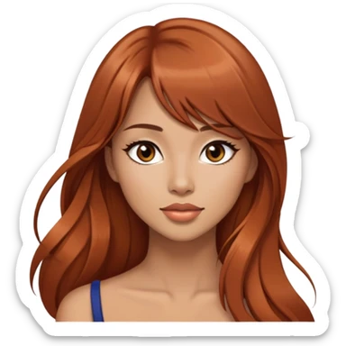 gorgeous woman, light tan skin, very long auburn hair, side bangs, black eyes, model, latina, asian, mixed sticker