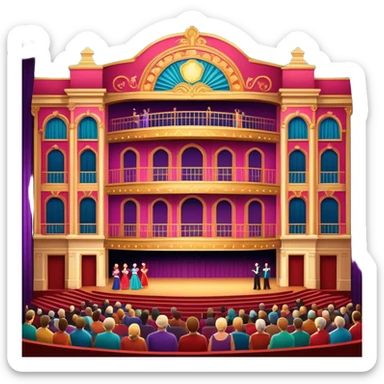 An icon showing a grand theater stage with actors performing in a vibrant play, surrounded by dramatic lighting. The audience watches from colorful balconies, adding to the lively atmosphere. The design captures the magic of live theater, set against a transparent background. sticker