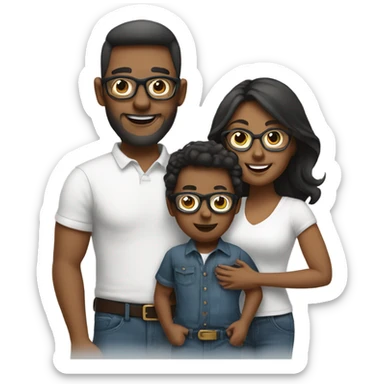 A family of three. Mom dad and toddler son all wearing glasses and jeans with white shirt sticker