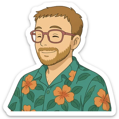man with light skin tone, short light brown hair and beard, wearing a Hawaiian shirt and pink glasses sticker