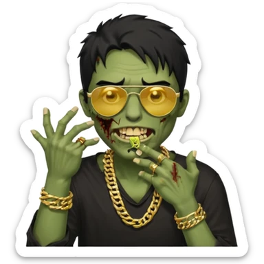 cabelo liso desordenado negro homen con aparencia de zombi y que haga un gesto mostrando los dientes de oro que se agarre la boca con la mano y que sea color piel, ponle unas gafas brasileñas, una camisa negra y que tenga cadenas de oro sticker