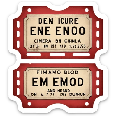 Minimalist emoji-style sticker of an old torn cinema ticket, with faded text “EMMO”, blood-stained edges and burn holes, grayscale paper

 sticker