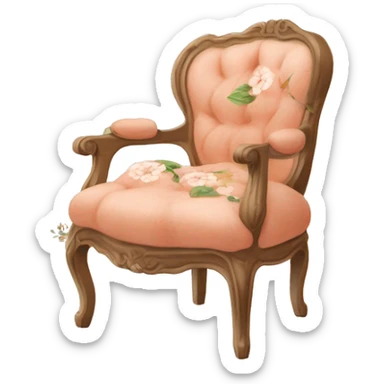 Vintage French chair with Mongolian peach, curly fur on the seat and a vintage peach and white floral on the top in a natural wood frame sticker
