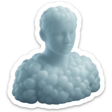 white person facing forward, composed entirely of fluffy, voluminous clouds up to the shoulders, matte glass style sticker