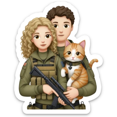 A white boy with long, curly hair. He is wearing tactical gear and holding his girlfriend and a cat (his girlfriend is wearing regular women's clothes). sticker