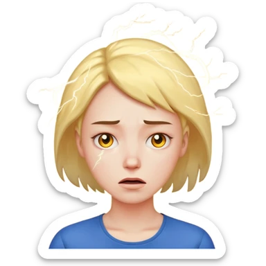 stressed woman with lightning symbol near head, tired face, calm emoji colors, shows stress and cortisol effect on skin sticker