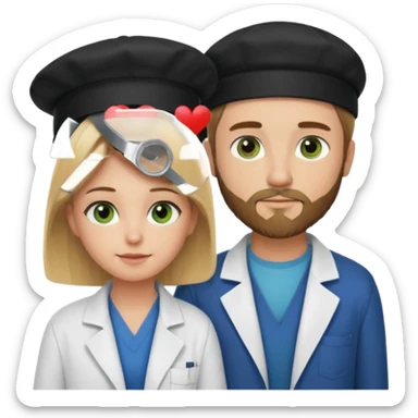 a blonde bearded guy wearing black cap, tall, fair skinned, brown eyes,  looking into the girls eyes who is short than him having green eyes and brown hair, who is in love with the guy, girl is wearing a lab coat, guy is wearing a brown jacket and blue jeans sticker