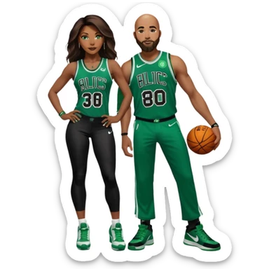 black woman and one white man: 48-year-old black woman with brown eyes, long dark brown balayage hair dressed in sexy 
celtics jersey costume outfit and stilettos with bald white man with ginger beard, and blue eyes, in a Jason Tatum Boston Celtics Jersey, jeans and matching Nike sneakers  sticker