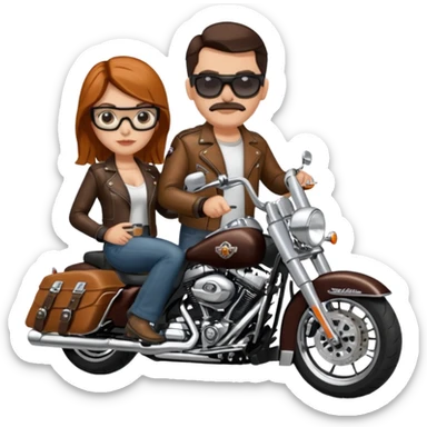 Un couple de biker sur une harley road king noire, l'homme a une paire de lunettes demetz ros21, la fille a des cheveux plus dans les tons chatain sticker