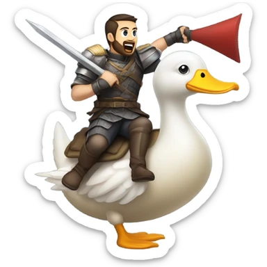 Confident armored White Man with dark brown hair and a short beard pointing forward with one arm yelling a battle charge while riding on the back of a giant duck sticker