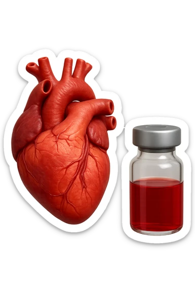 emoji stile iphone di cuore anatomico realistico in 3d che fluttua in aria insieme a una boccetta di fiala medica, FALLO MOLTO REALISTICO IN 3D sticker