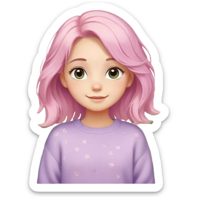 A half-body portrait of a girl with big, sparkling eyes and soft, pastel-colored hair styled in loose waves. She’s wearing a cute, oversized sweater with a playful smile, standing in a sunny garden filled with flowers sticker