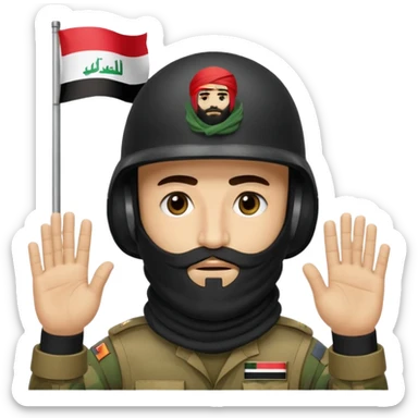 surrenders, depicts an Iraqi soldier from 1980, with a beard, in a helmet, a helmet with sign flag Iraq, with a balaclava, with sad eyes and both hands raised up sticker