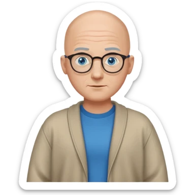 bald man with blue eyes and eye glasses big shrug sticker