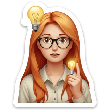 intelligent and clever, 30 year old, girl, long red and almost blond hair, glasses, has an brillant idea, light bulb next the her head in the air, casual cloth  sticker