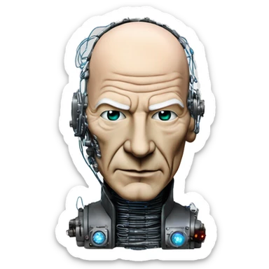 Jean luc picard from Star Trek assimilated by the Borg, with mechanical metal covering the left side of his face, with wires and a red light on the left side. His eyes are blue sticker