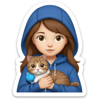 girl with long brown hair in a hoodie holding a Scottish Fold cat, emoji style sticker