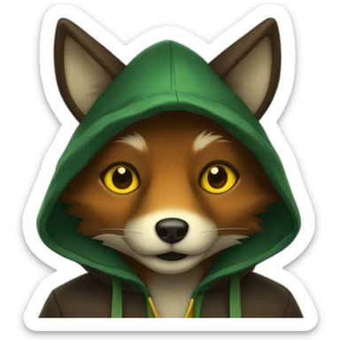 small dark brown fox with yellow eyes and a dark green hood sticker