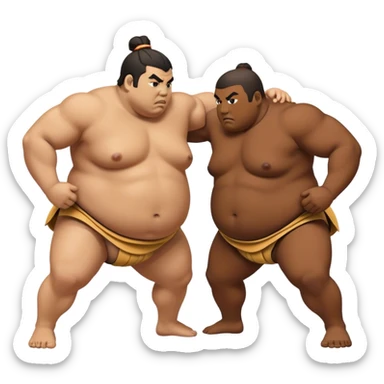 Cinematic Realistic Sumo Wrestling Emoji, depicted as an intense sumo match featuring powerful wrestlers in traditional mawashi, rendered with rich textures and dynamic dramatic lighting that captures the raw intensity of the sport. sticker