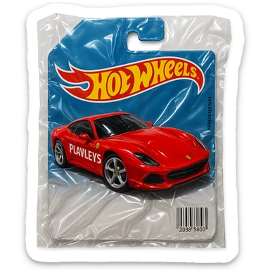 Hot Wheels packaging with a red Ferrari featuring bold racing-style 'PLAVLEYS' text on the car, shiny and inflated, vacuum-sealed style sticker
