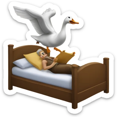 A goose blowing a horn to wake a man in bed up sticker