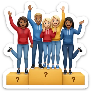winners’ podium with multi-racial people, middle step higher, fun, casual clothes like jeans and hoodies, excited, fun emoji style sticker