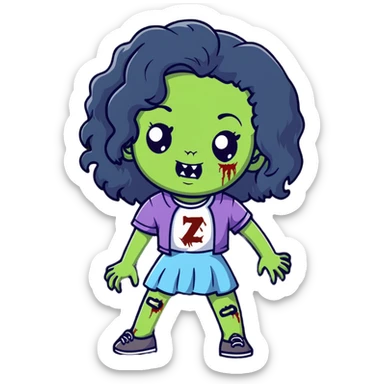 girl zombie with black long curly hair, emo style sticker