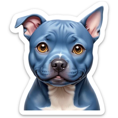 Cinematic Cute Blue Staffordshire Bull Terrier Portrait Emoji, Head tilted playfully and inquisitively, featuring a glossy blue Fur with a healthy sheen, round, sparkling dark eyes filled with curiosity, Simplified yet irresistibly adorable features, highly detailed, glowing with a warm, friendly glow, high shine, affectionate and spirited, stylized with a touch of whimsy, bright and endearing, soft glowing outline, capturing the essence of a mischievous yet loving pup, so playful it feels like it could bound out of the screen and into your arms! sticker