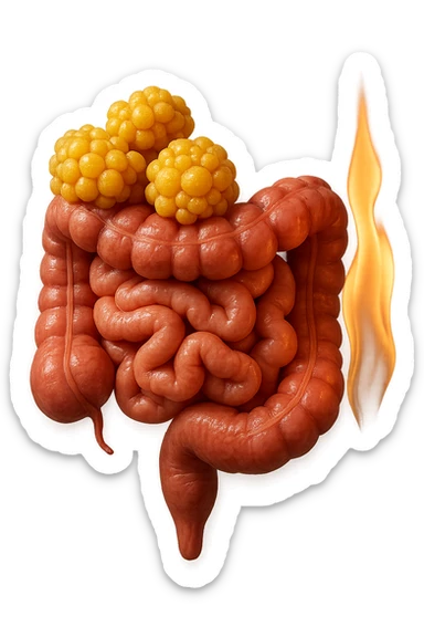 intestino umano con cellule gialle di grasso a grappoli attaccate sopra, con fiamma che brucia, iperrealistici 4k, non disegnati sticker