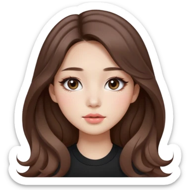 “korean straight brown hair Emoji girl, soft eyeliner and blush, gradient lips, light brown shimmer eyeshadow, long wavy hair,  sticker