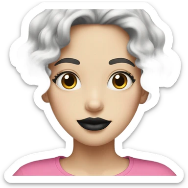 pale girl has black curly hair with black lipstick and pink t-shirt sticker