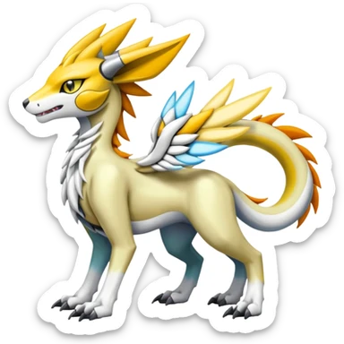 Colorful Meloetta-Solgaleo-Wargreymon-Sergal-Pokémon-Digimon-Fakémon-fusion-hybrid-creature sticker