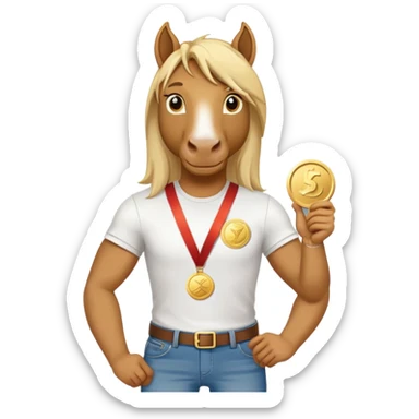 friendly anthropomorphised stallion in jeans and a t-shirt, holding a gold medal sticker