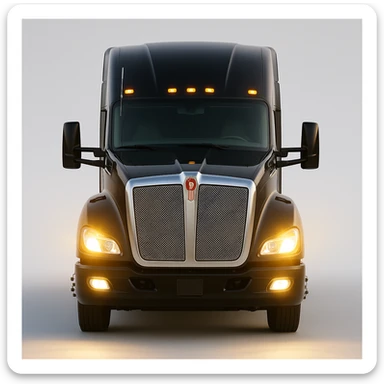 Realistic style close-up front view of a 2025 Kenworth T680 truck in black color with headlights on, detailed and lifelike. sticker