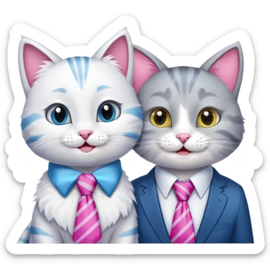 happy girl cat with bow and eyelashes wearing a bright necktie next to happy boy cat wearing a striped necktie, both cats smiling together sticker