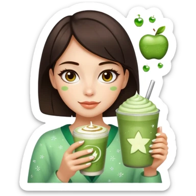 square framed profile picture of a girl with short dark brown hair and brown eyes, holding a matcha latte, with sparkles, skincare, and makeup elements, apple emoji style sticker