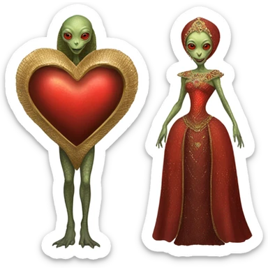 a Reptilian alien woman full body in Romanov dress, holding big red heart sticker