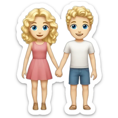 Girl with blonde wavy hair and blue eyes holding hands with blonde short haired boy with white skin and brown eyes sticker